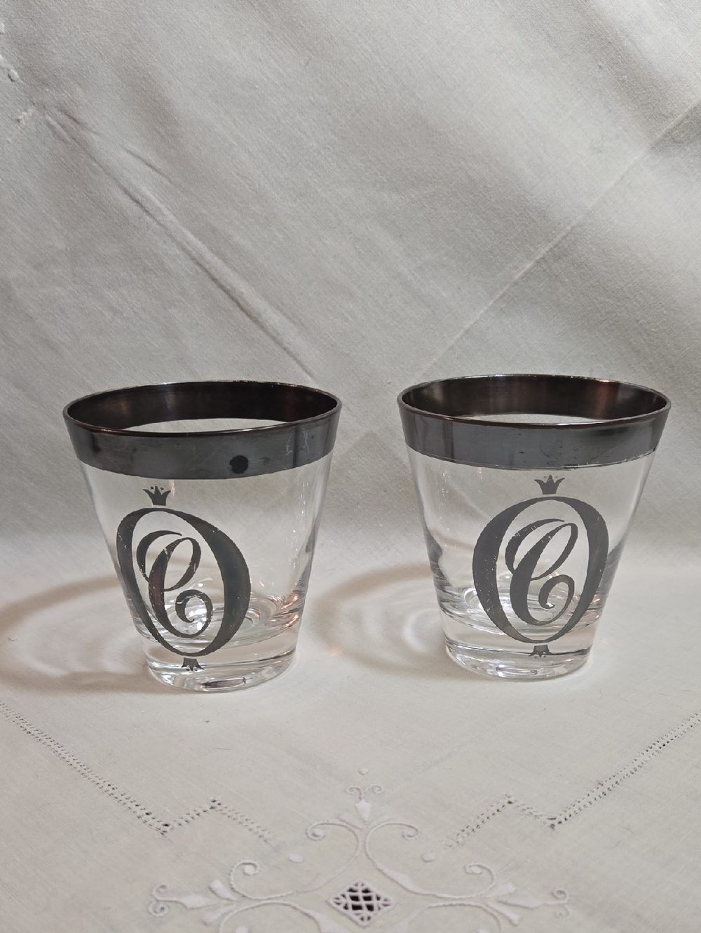Clear Glass Lowball Glasses with Silver Rim and Monogram (Set of 2)